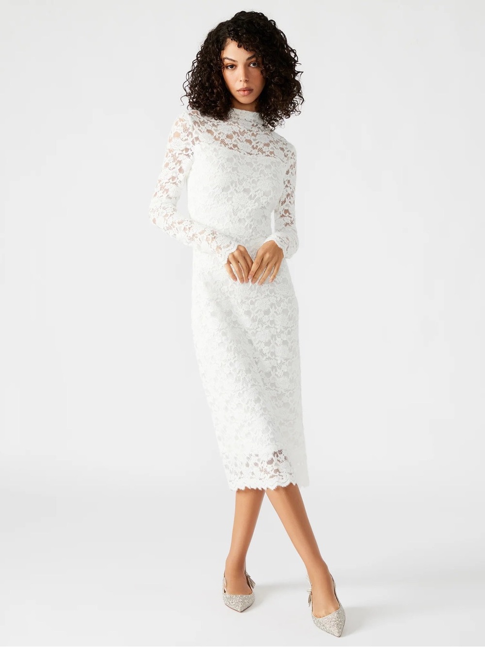 Steve Madden White Lace Long-Sleeve Midi Dress